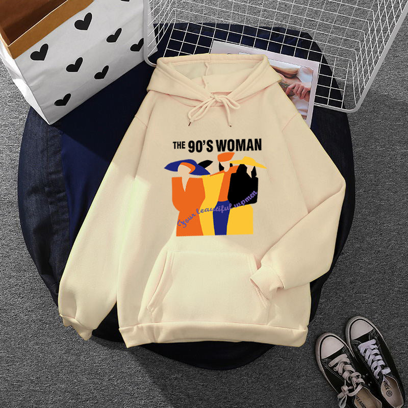 Damen weit geschnittener Kapuzenpullover mit Neunzigerjahre-Illustrationsprint, angerautem Fleece und Kängurutasche – Auréline