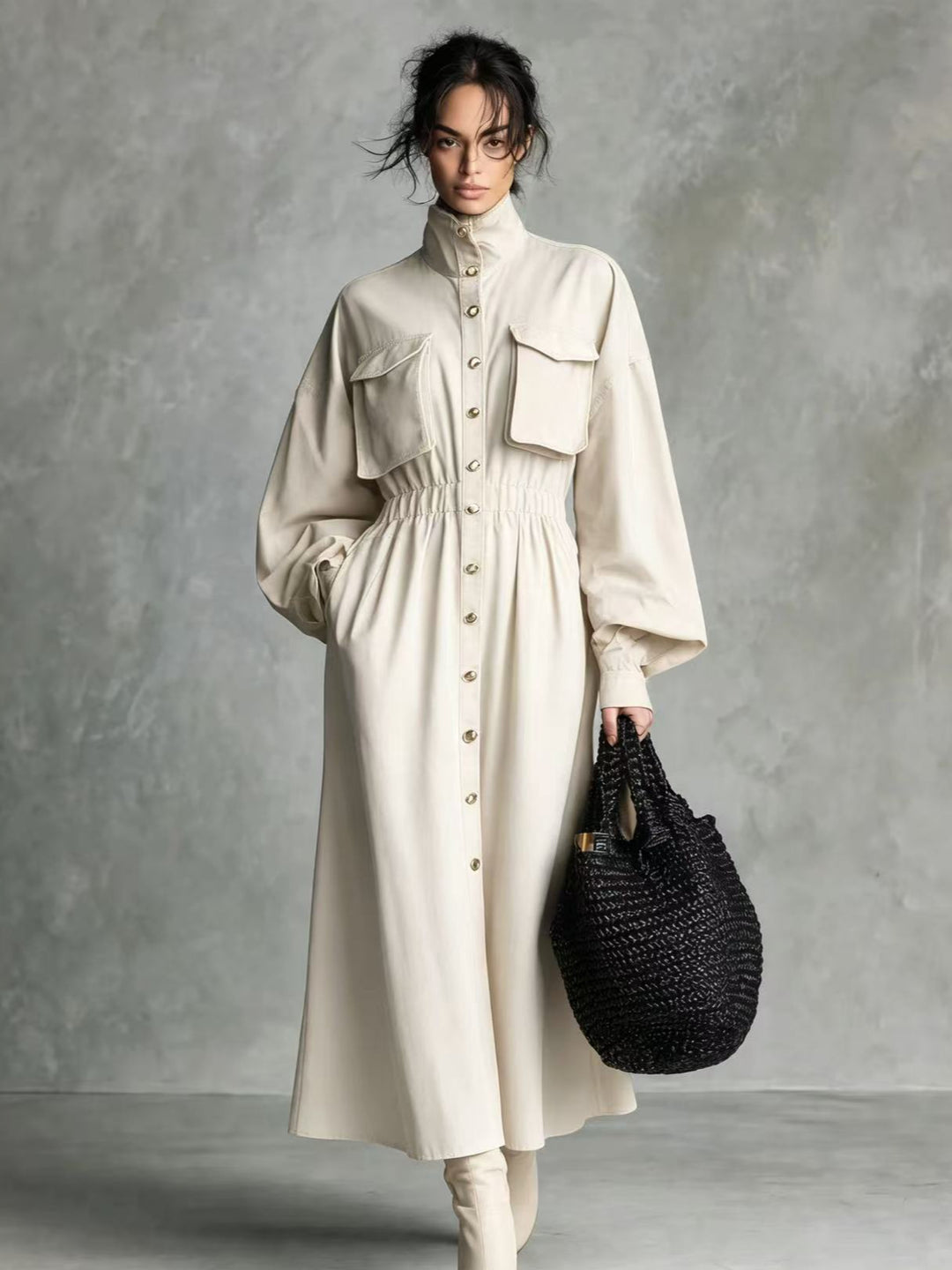 Damen Elegantes Hemdkleid mit Taschen und Taillengürtel Echo Archiv