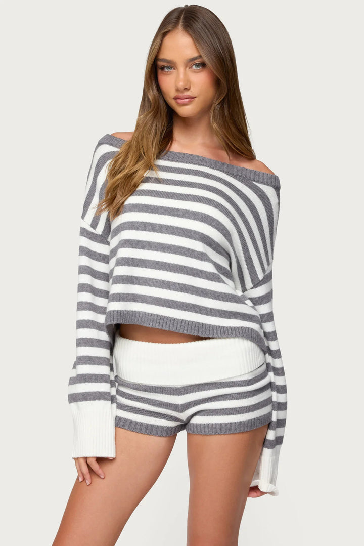 Damen nan kurz geschnittener Off-Shoulder Cropped Strickpullover mit weitem Fledermausärmel Echo Archiv