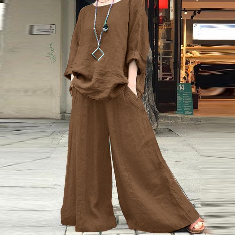 Damen Luftiges Leinen-Lounge-Set mit kastiger Tunika und extra weitem Palazzo-Hosenbein Echo Archiv