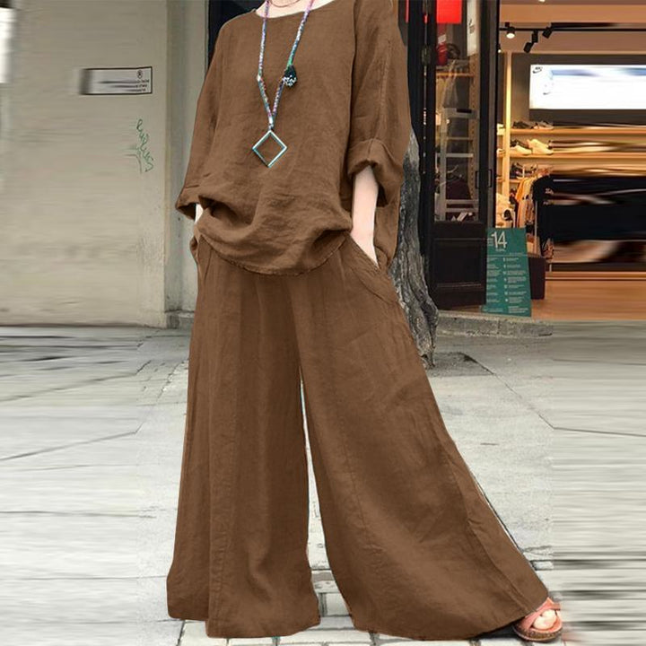 Damen Luftiges Leinen-Lounge-Set mit kastiger Tunika und extra weitem Palazzo-Hosenbein Echo Archiv