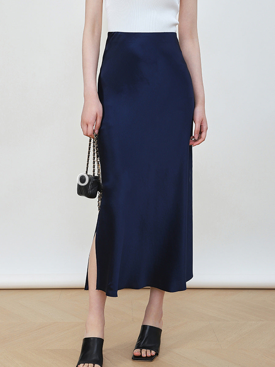 Damen Eleganter Hochtaillierter Satin-Midirock Echoarchiv