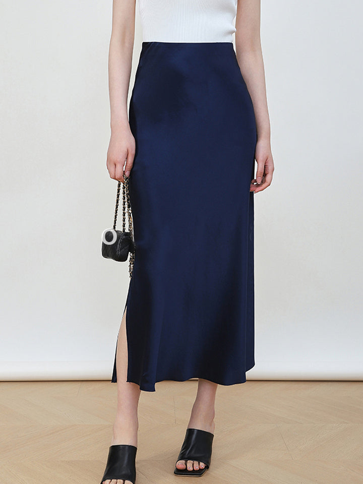 Damen Eleganter Hochtaillierter Satin-Midirock Echoarchiv