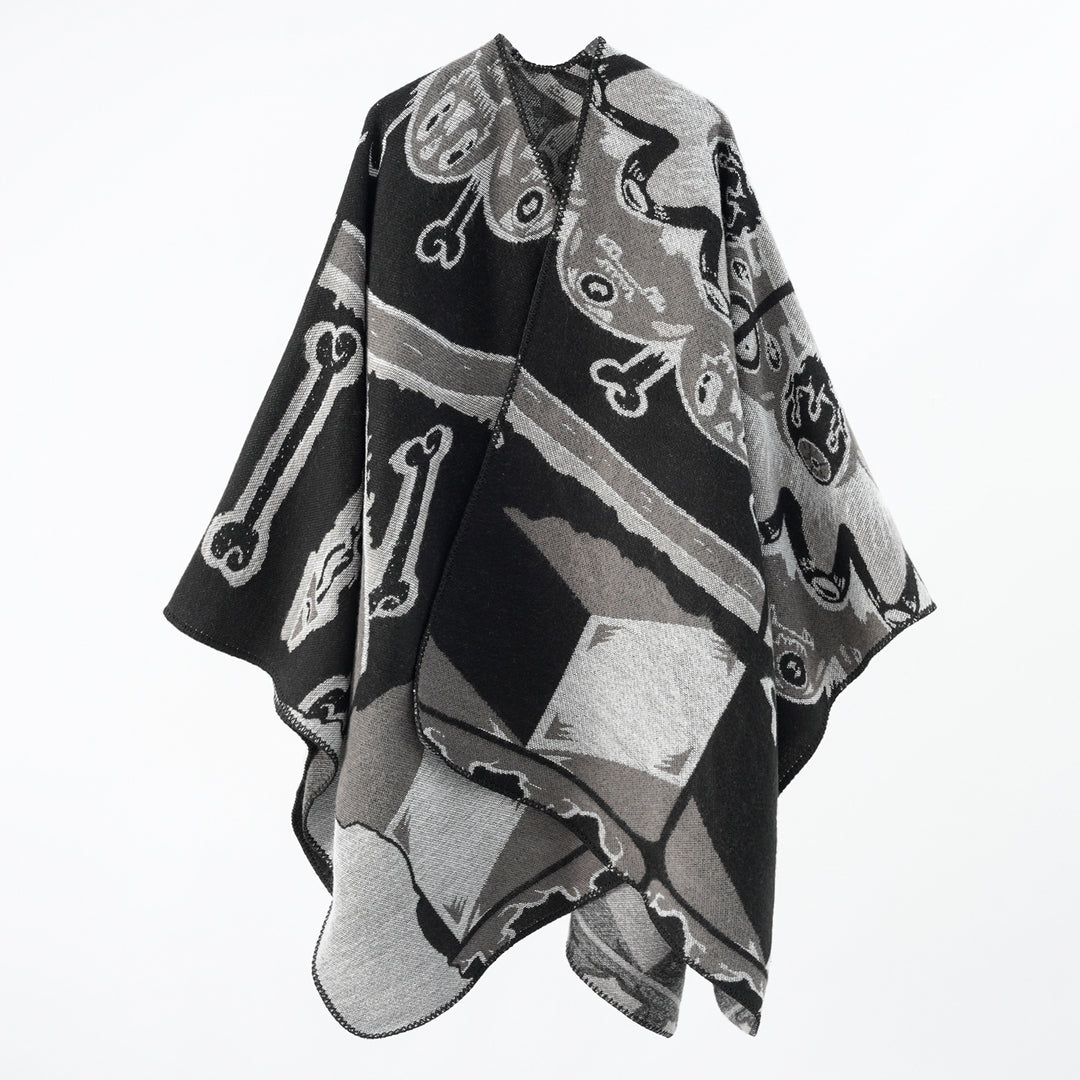 Damen Statement-Capeponcho aus jacquardgewebtem Wollmix mit Skull- und Knochenmuster Echo Archiv