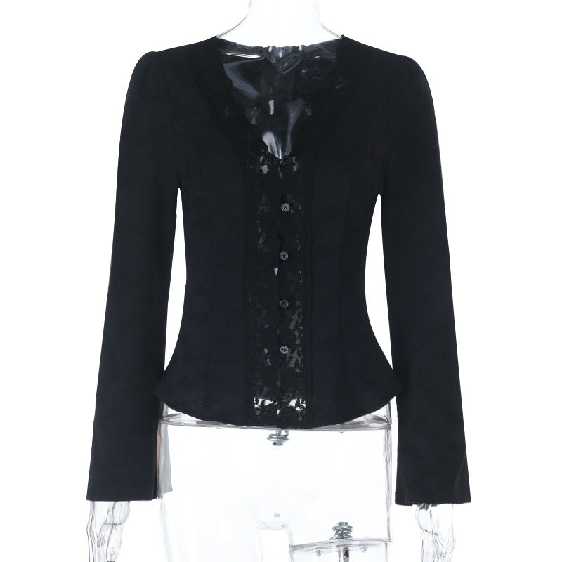 Damen Taillierter Spitzenblazer mit Knopfleiste und Peplum – Avérine