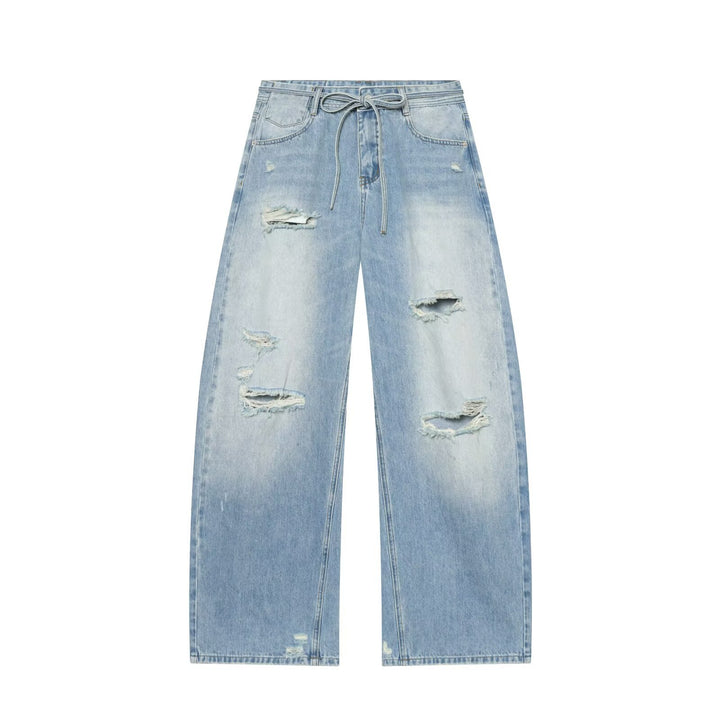 Damen Hochgeschnittene weite Denim-Jeans mit Destroyed-Details und Tunnelzug Echo Archiv