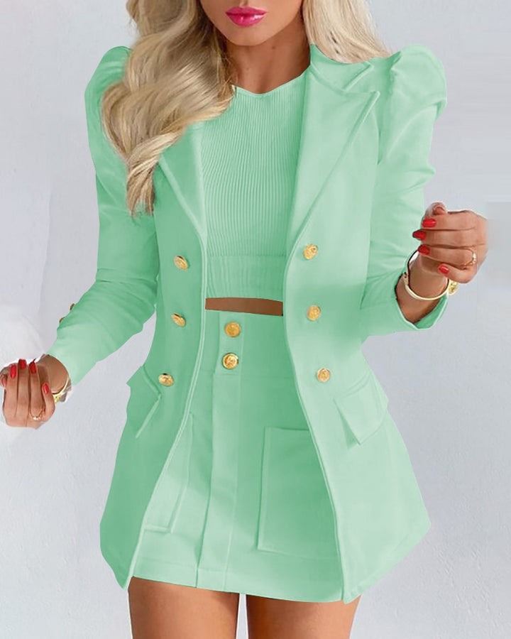 Damen Zweiteiliges karriertes Blazer- und Minirock-Set mit betonten Puffärmeln und goldenen Knöpfen – Valéne