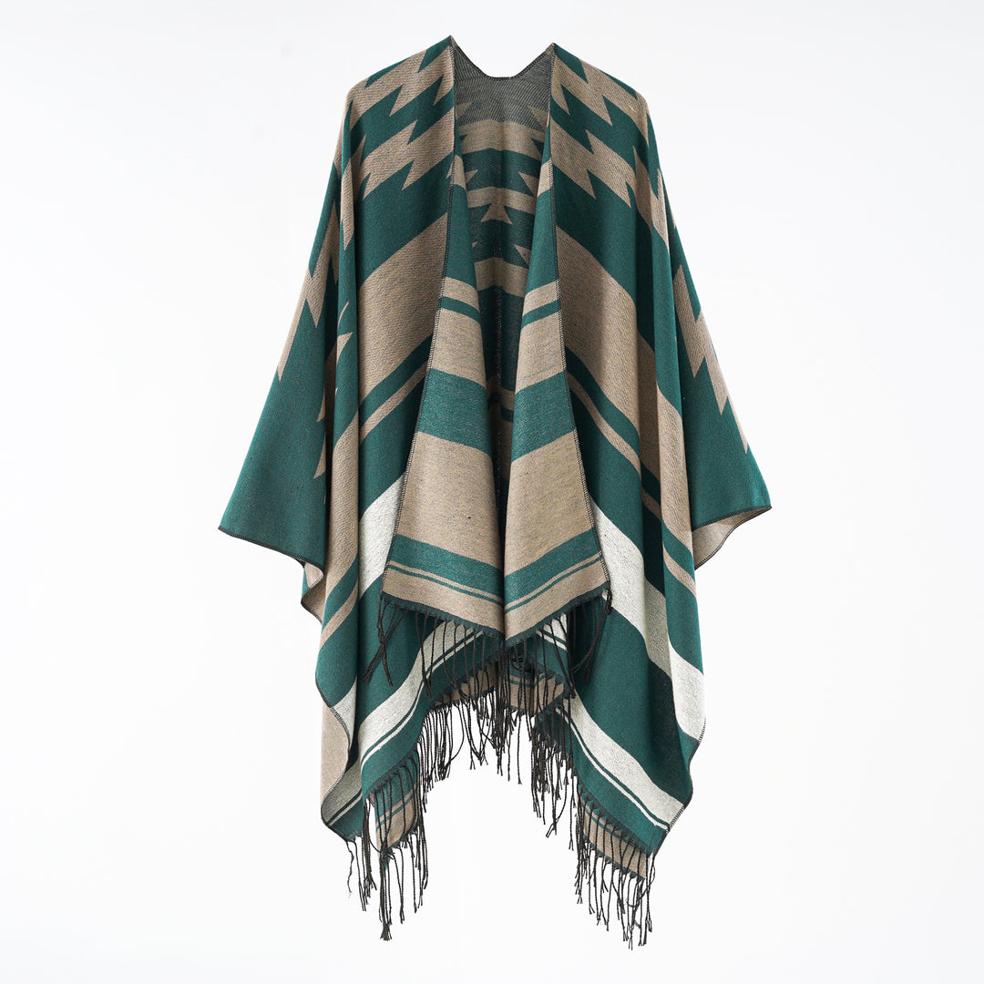 Damen Langer Reversfreier Webponcho im Umhangstil mit dezentem Zackenmuster und Fransensaum – Montévia