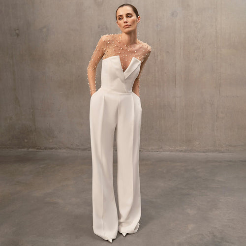 Damen eleganter Jumpsuit mit transparenten Ärmeln und Perlenverzierung Echo Archiv