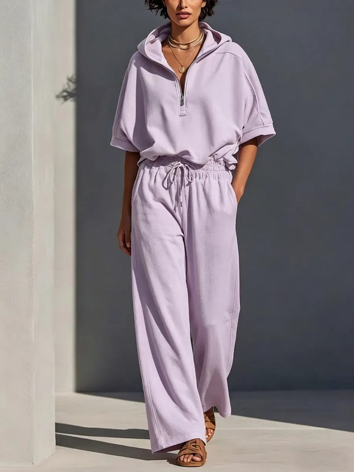 Damen Lässiges Lounge-Set mit Kapuzenpullover mit halbem Reißverschluss und weiter Palazzohose Echoarchiv