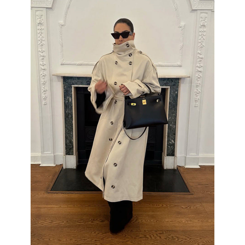 Damen Langer Oversized Trenchcoat mit hohem Stehkragen, Glockenärmeln und Bindegürtel Echoarchiv