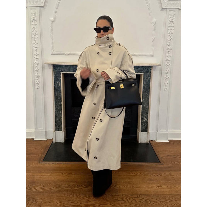 Damen Langer Oversized Trenchcoat mit hohem Stehkragen, Glockenärmeln und Bindegürtel Echoarchiv