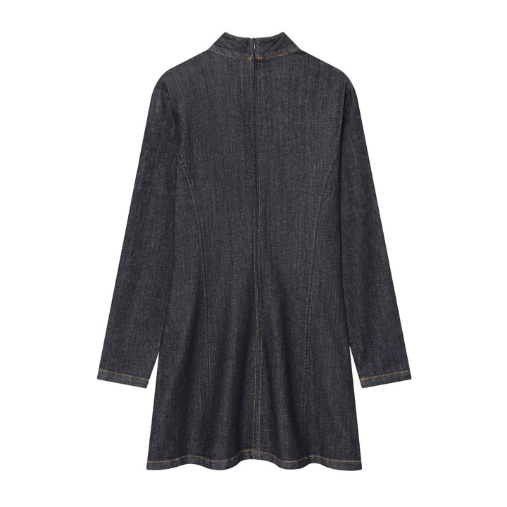 Damen tailliertes Denim-Midikleid mit Stehkragen, sichtbarer Mittelnaht und figurformenden Teilungsnähten – Élara