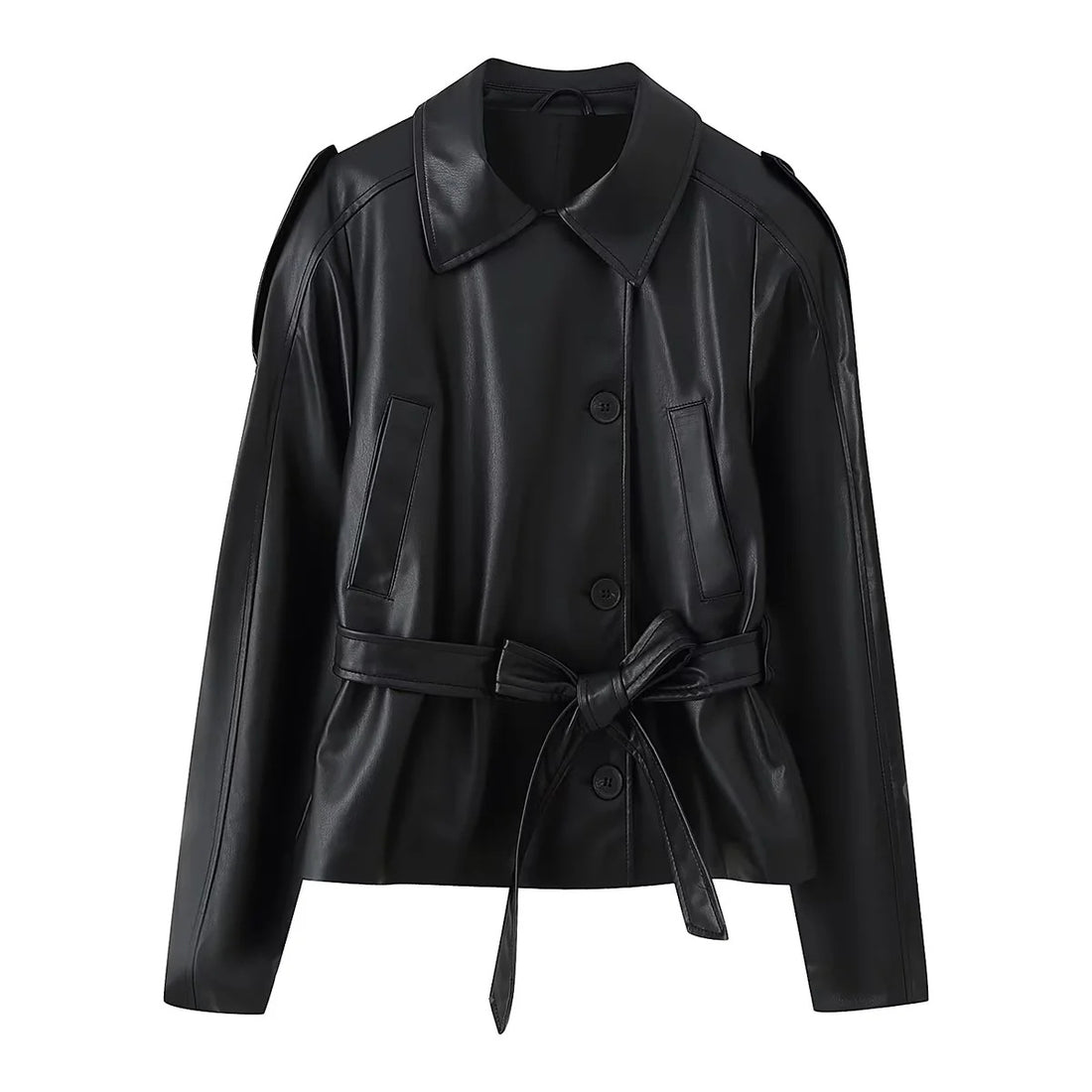 Damen taillierte Kunstlederjacke mit Bindegürtel, Hemdkragen und verdeckter Knopfleiste – Célinea