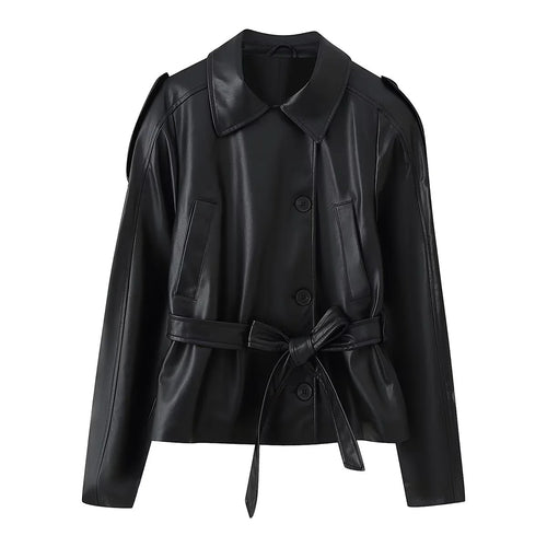Damen nan taillierte Kunstlederjacke mit Bindegürtel, Hemdkragen und verdeckter Knopfleiste Echo Archiv