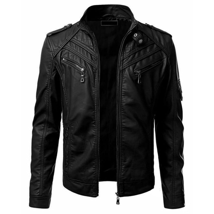 Herren Kunstleder-Bikerjacke mit Stehkragen, Ziernähten und Reißverschlusstaschen Echo Archiv