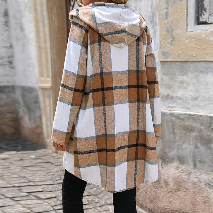 Damen Lange Kapuzen‑Strickjacke mit Karomuster, Reißverschluss & Eingrifftaschen Echoarchiv