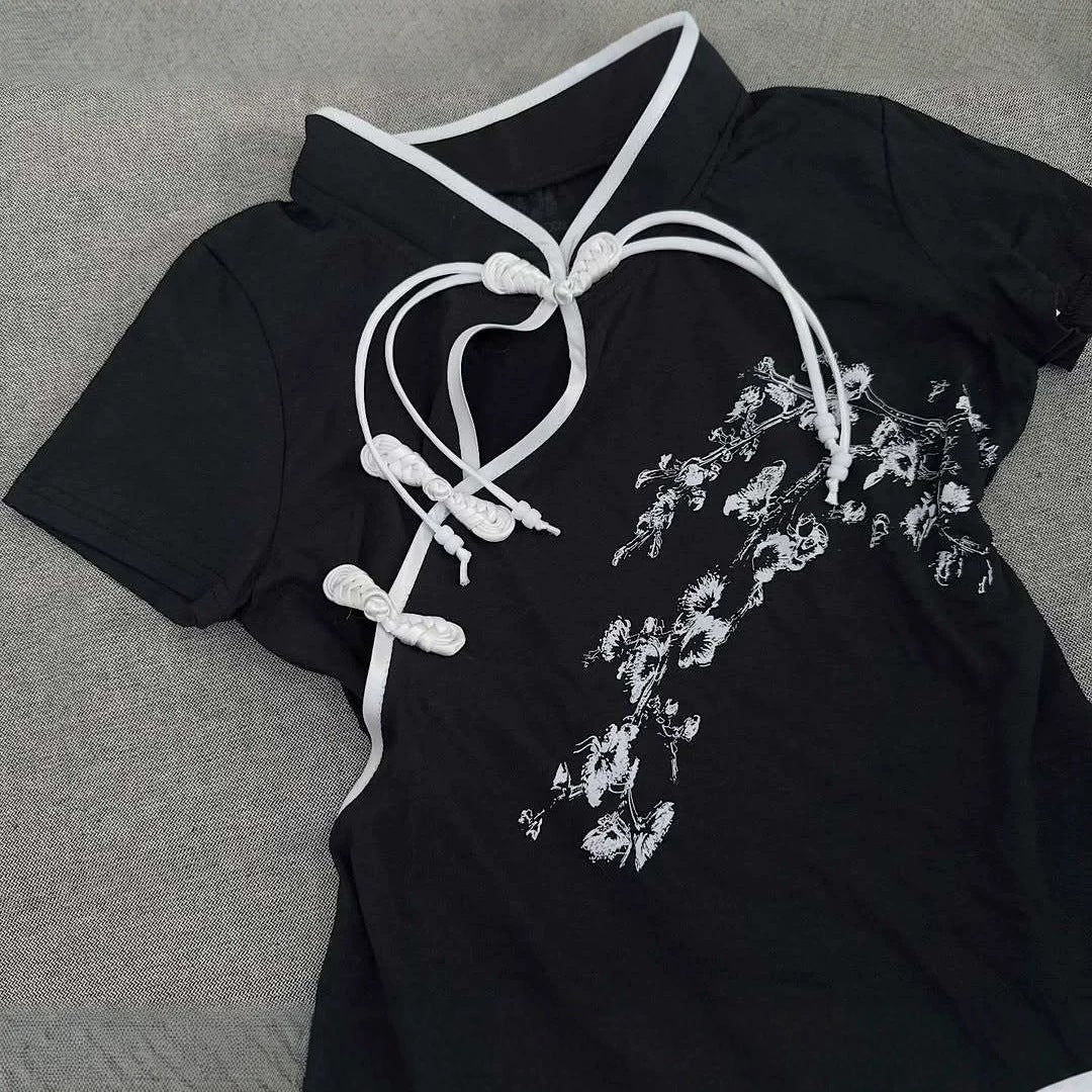 Damen Modernes Chinesisches Kurzarm-T-Shirt mit kreativem Knotendesign Echo Archiv
