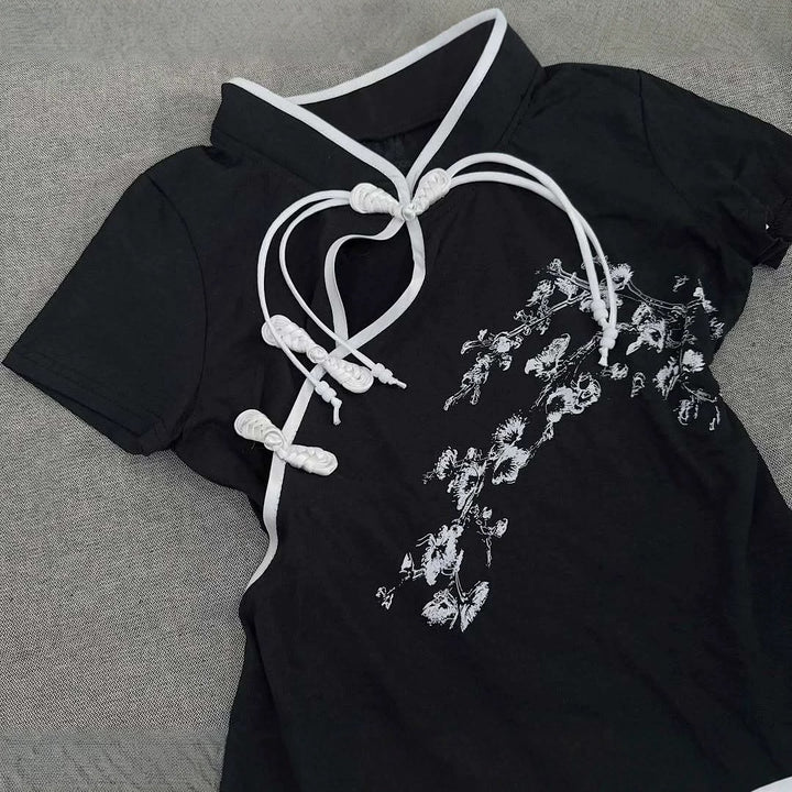 Damen Modernes Chinesisches Kurzarm-T-Shirt mit kreativem Knotendesign Echo Archiv