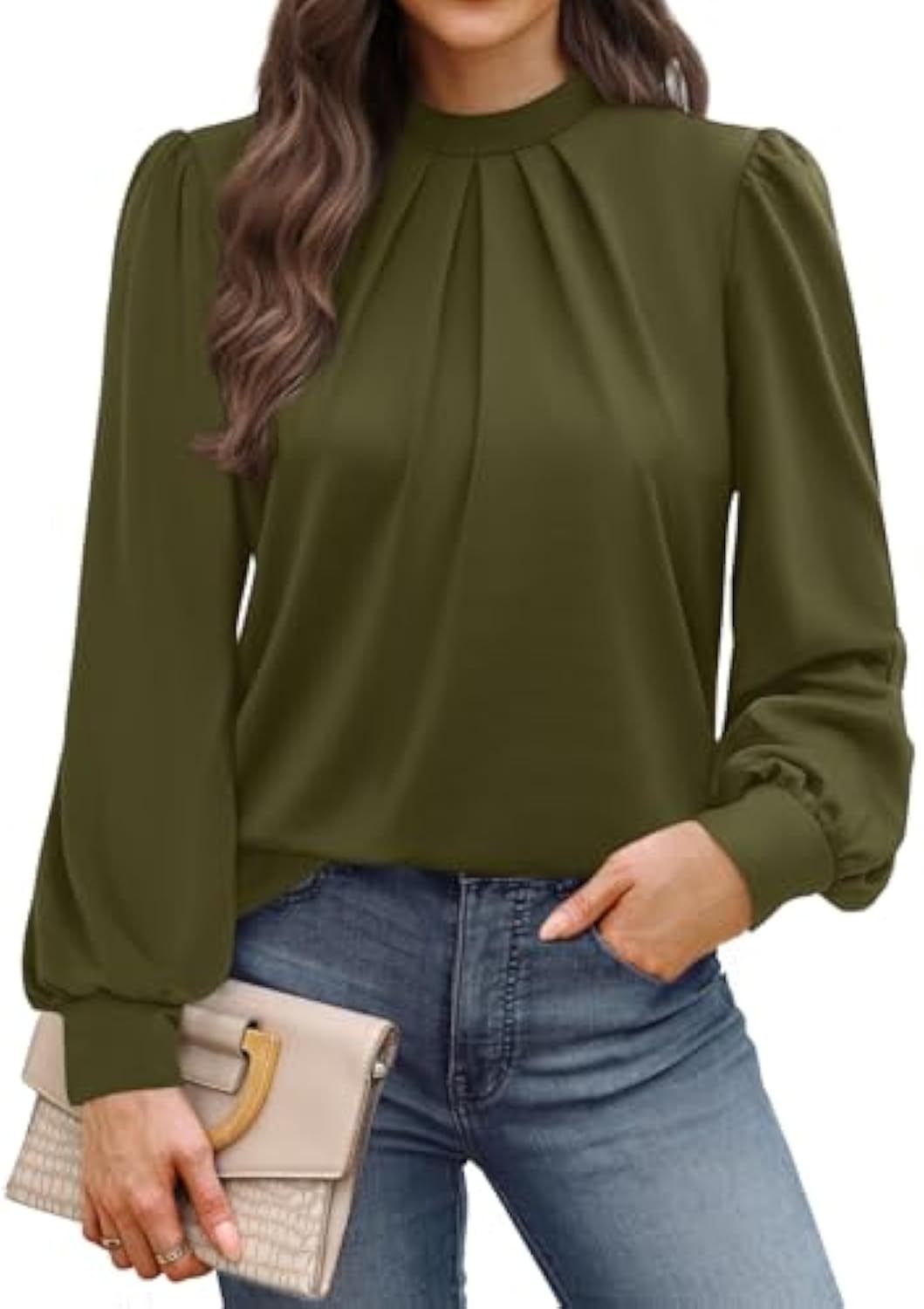Damen Langärmelige Satinbluse mit Stehkragen, Brustfalten und gerippten Bündchen – Élovi