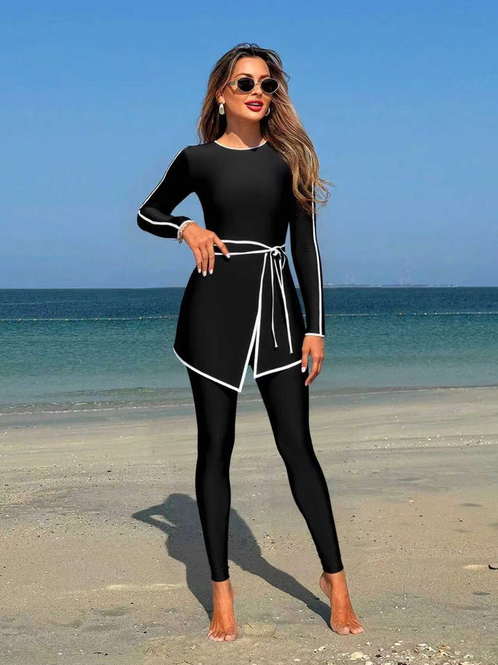 Damen modischer Langarm-Schwimmanzug mit Wickelrock Echo Archiv