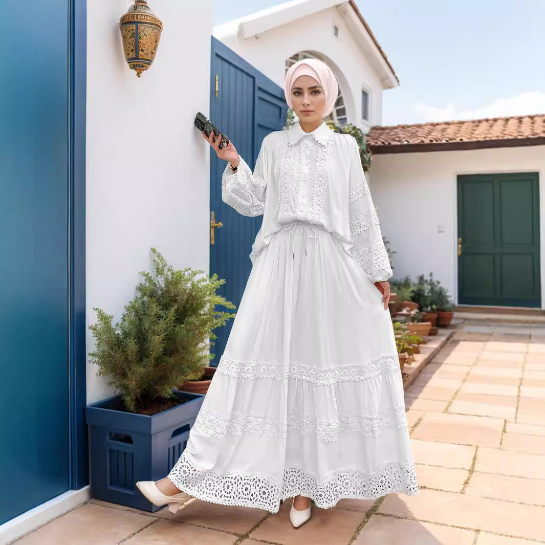 Damen Zweiteiliges Broderie-Anglaise-Set mit Hemdbluse und gestuftem Midirock Echo Archiv