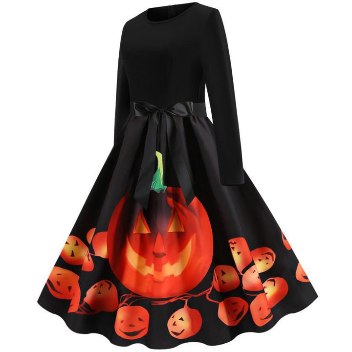Damen Schwingendes Kleid mit Halloween-Kürbismotiv, Langarm und Taillenschleife – Élara