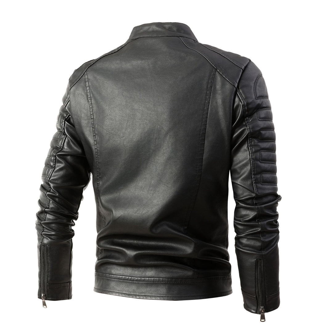 Herren Bikerjacke aus Kunstleder mit gesteppter Ärmelpolsterung, Stehkragen und Multi-Taschen Echoarchiv