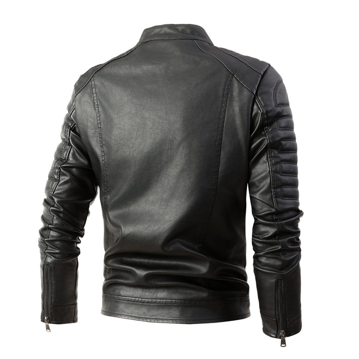 Herren Bikerjacke aus Kunstleder mit gesteppter Ärmelpolsterung, Stehkragen und Multi-Taschen Echoarchiv