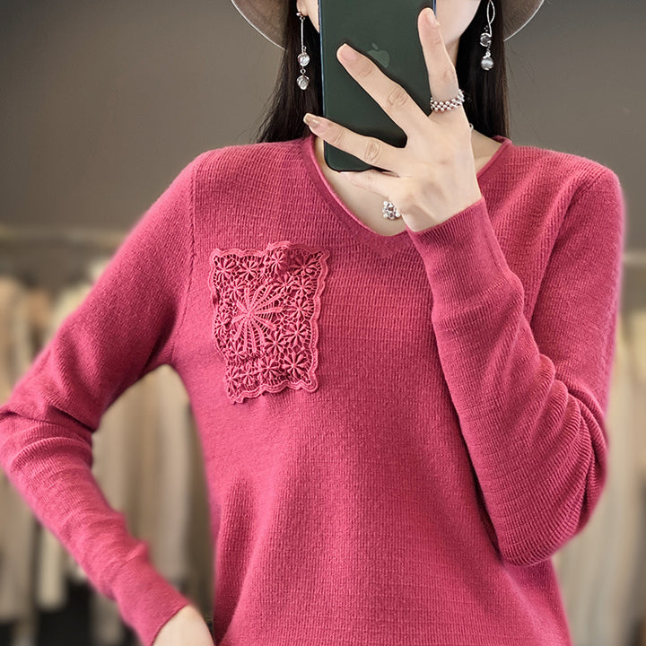 Damen Kaschmir‑Optik V‑Ausschnittpullover mit floraler Häkelapplikation Echoarchiv