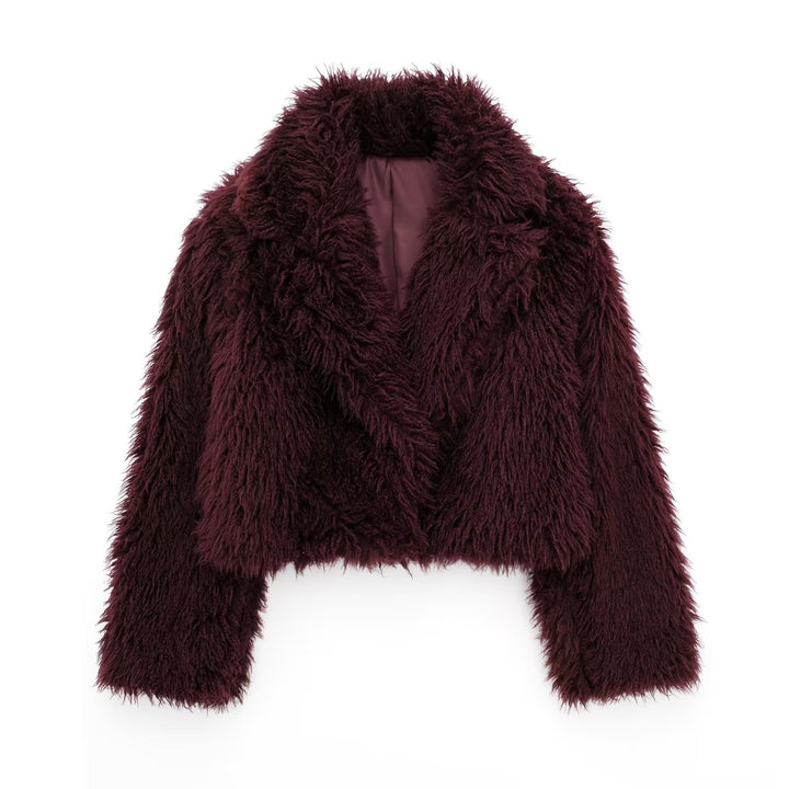 Damen Kurze Boxy-Plüschjacke im Shaggy-Look mit fallendem Revers Echo Archiv