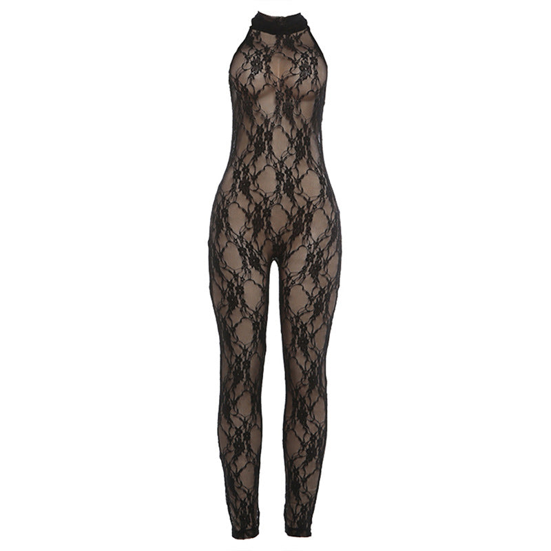 Damen Jumpsuit aus feiner Spitze mit hohem Kragen und figurbetontem Schnitt Echo Archiv