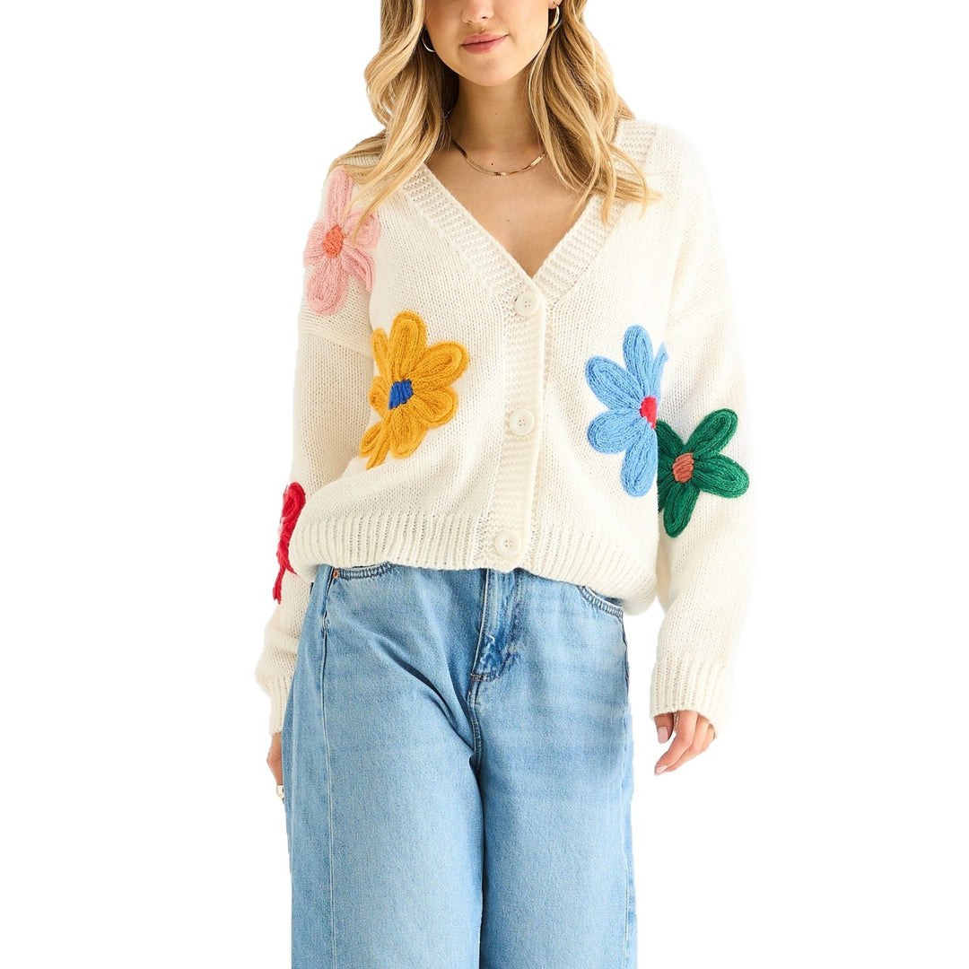 Damen Cardigan mit dreidimensionalen Blumenapplikationen und V-Ausschnitt – Veloura