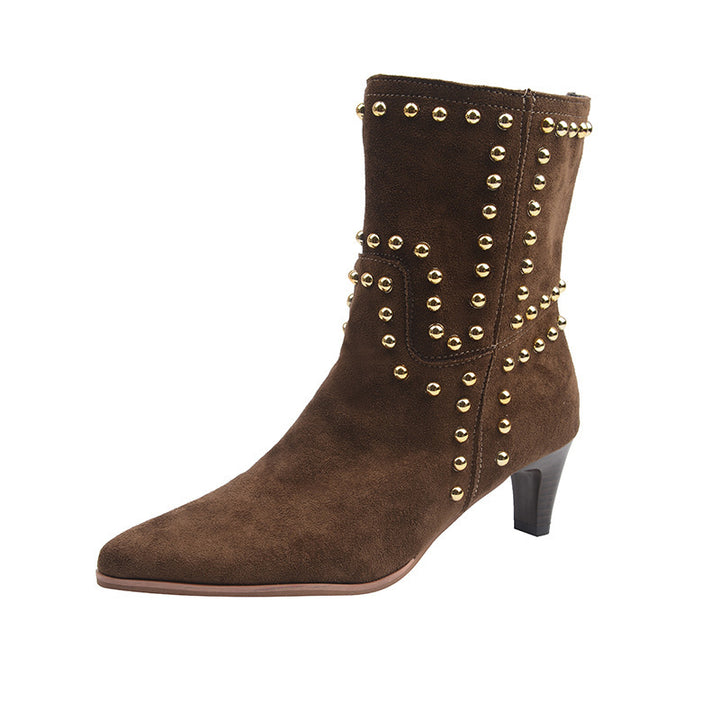 Damen spitze Velours‑Optik Stiefelette mit Nietenbesatz und niedrigem Pfennigabsatz Echo Archiv