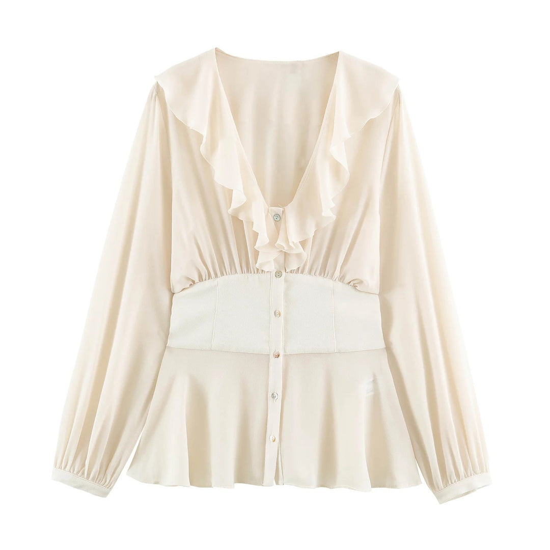 Damen Filigrane V‑Neck‑Bluse mit Volantkragen, taillierter Bundpasse und Ballonärmeln Echo Archiv