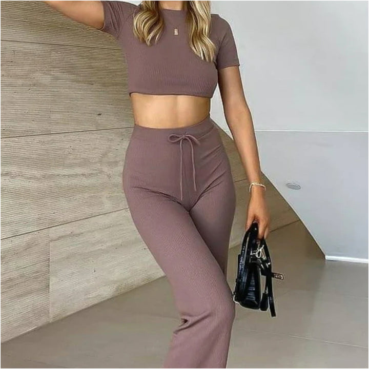 Damen Geripptes Crop-Set aus Stretch‑Jersey mit taillenhoher Kordel-Hose – Élanora