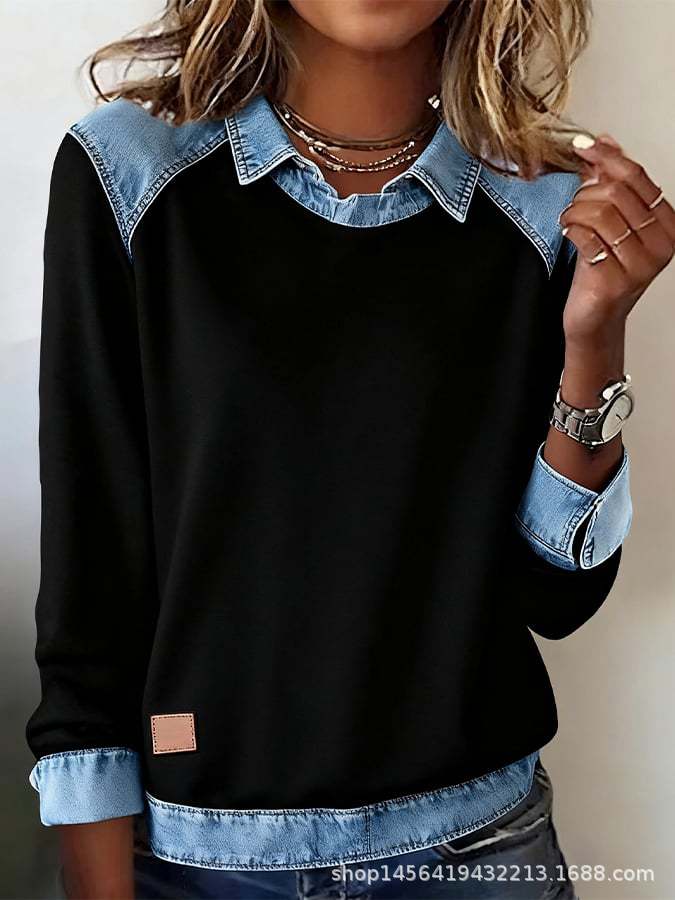 Damen nan gerippter Strickpullover mit Jeanskragen und Knopfleiste Echo Archiv