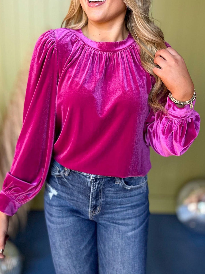 Damen Samtbluse mit Ballonärmeln und gerafftem Stehkragen – Élovi