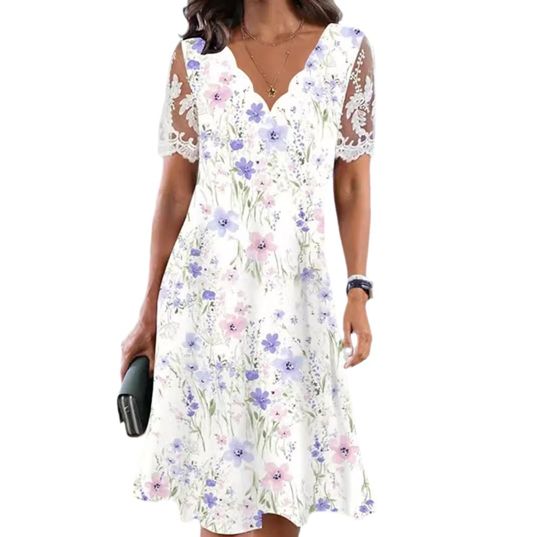 Damen nan A-Linien-Midikleid mit wellenförmigem V-Ausschnitt, ganzflächigem Blumenmuster und transparenten Spitzenärmeln Echo Archiv