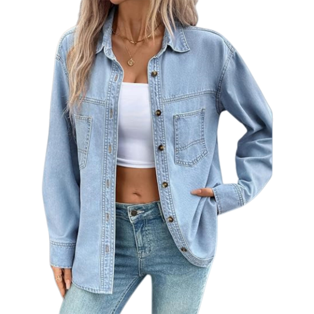 Damen Oversize Jeanshemdjacke im Washed-Look mit Brusttaschen und durchgehender Knopfleiste Echo Archiv