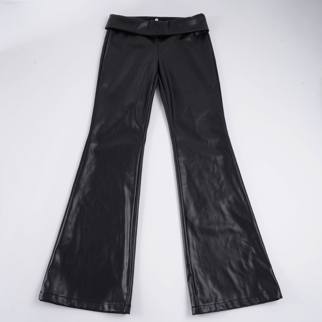 Damen High-Waist Schlaghose aus veganem Leder mit umgeschlagenem Bund – Avélisse