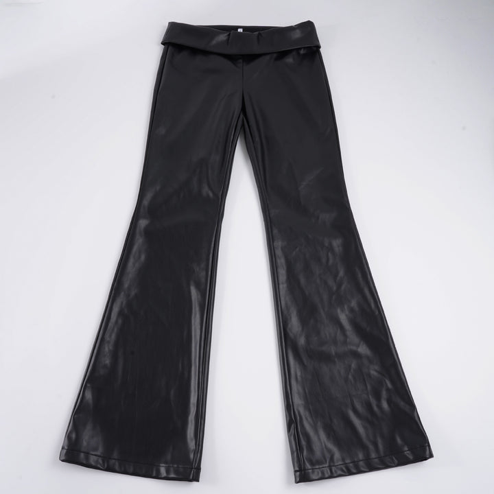 Damen High-Waist Schlaghose aus veganem Leder mit umgeschlagenem Bund – Avélisse