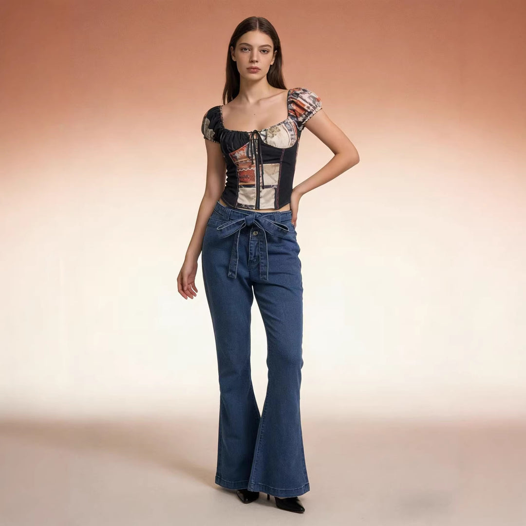 Damen nan High‑Waist Denimhose mit Schleifenbund, hoher Taille und weitem Schlag Echo Archiv
