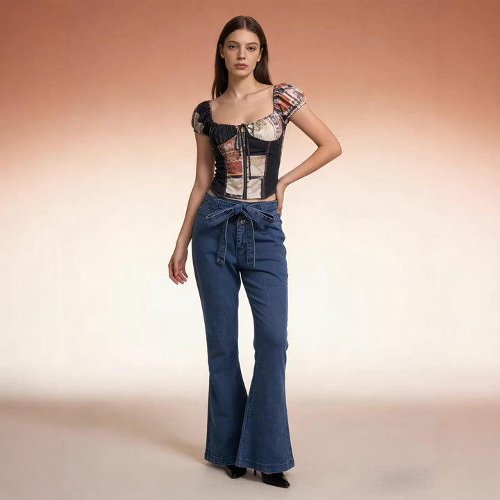 Damen nan High‑Waist Denimhose mit Schleifenbund, hoher Taille und weitem Schlag Echo Archiv