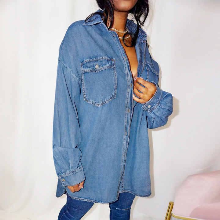 Damen Oversized Denim-Hemdjacke mit Pattentaschen und verlängertem Schnitt Echo Archiv