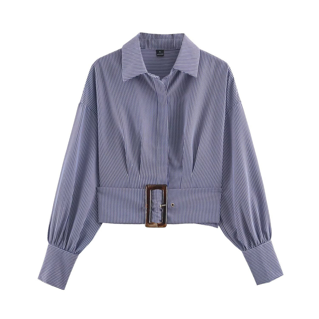 Damen Cropped Hemdbluse mit breitem Taillenriegel und Oversize-Ärmeln Echoarchiv