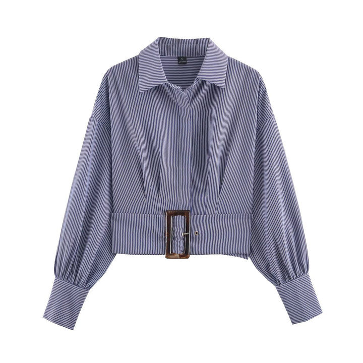 Damen Cropped Hemdbluse mit breitem Taillenriegel und Oversize-Ärmeln Echoarchiv