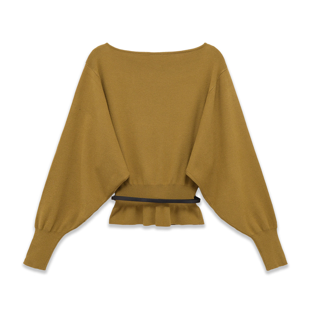 Damen Fledermaus-Pullover mit weitem Ärmel, gerafftem Taillenbund und schmalem Gürtel – Mavelle