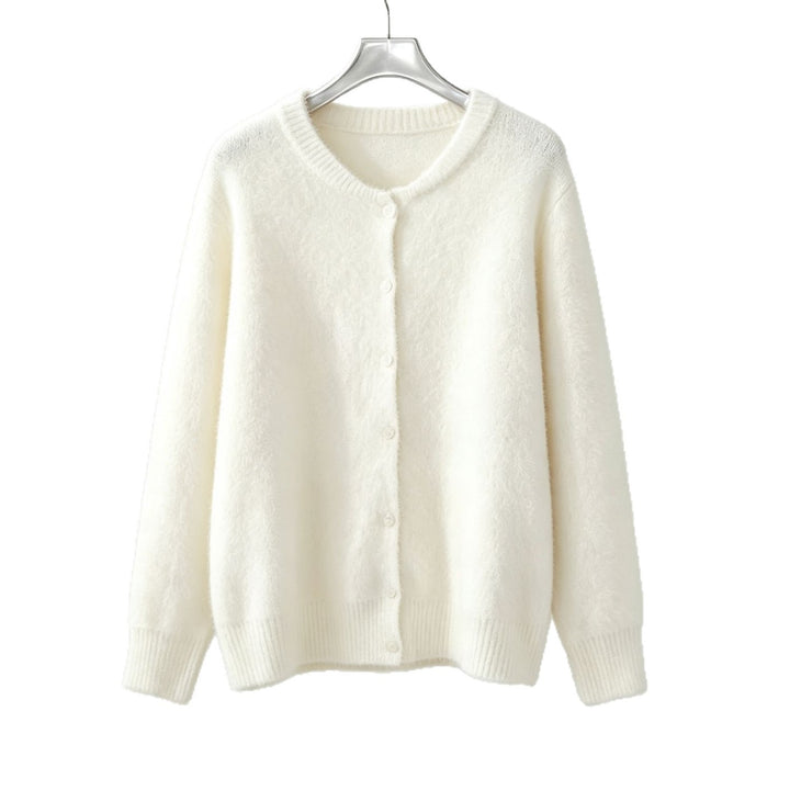 Damen Rundhals-Strickjacke mit weichem Flormix, Knopfverschluss und gerippten Bündchen – Célinea