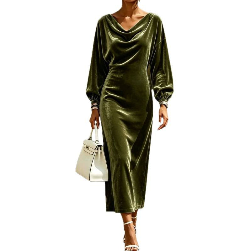 Damen Midikleid aus Samt mit drapiertem Wasserfallkragen und Ballonärmeln Echoarchiv